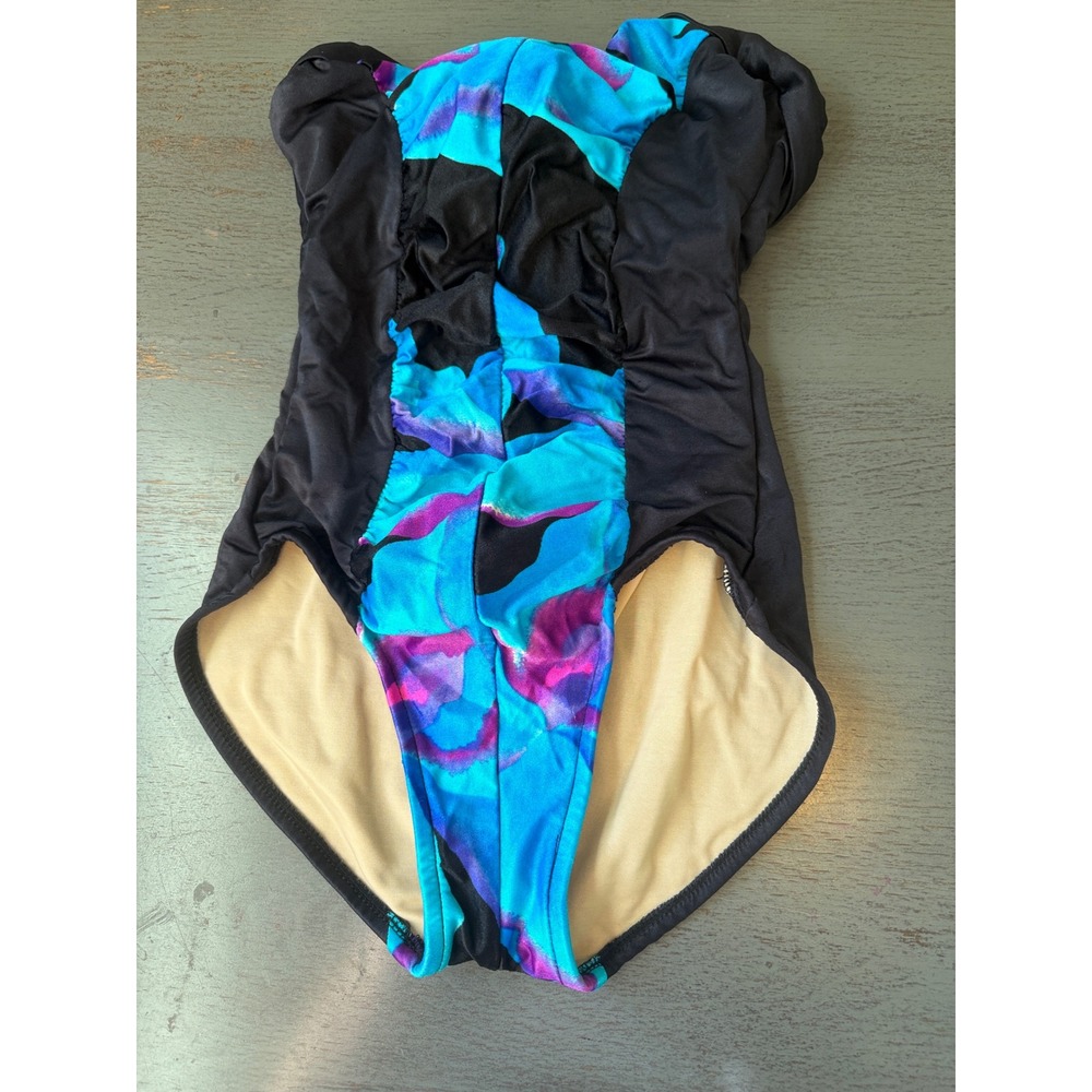 Vintage Strapless One Piece Swimsuit Blue Purple Abstract Floral Ruched High Cut
